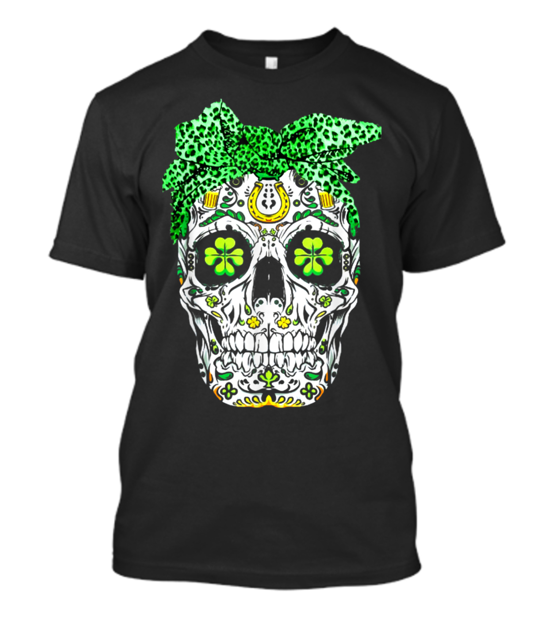 Sugar Skull Saint Patrick's Day Dead Green Shamrock Bow Horseshoe T-Shirt