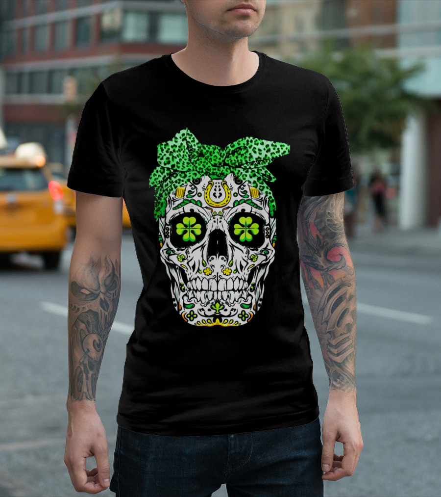 Sugar Skull Saint Patrick's Day Dead Green Shamrock Bow Horseshoe T-Shirt