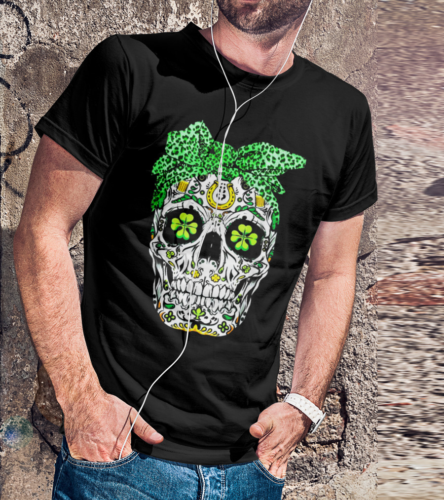 Sugar Skull Saint Patrick's Day Dead Green Shamrock Bow Horseshoe T-Shirt