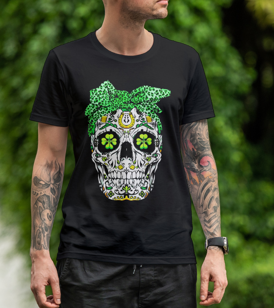Sugar Skull Saint Patrick's Day Dead Green Shamrock Bow Horseshoe T-Shirt