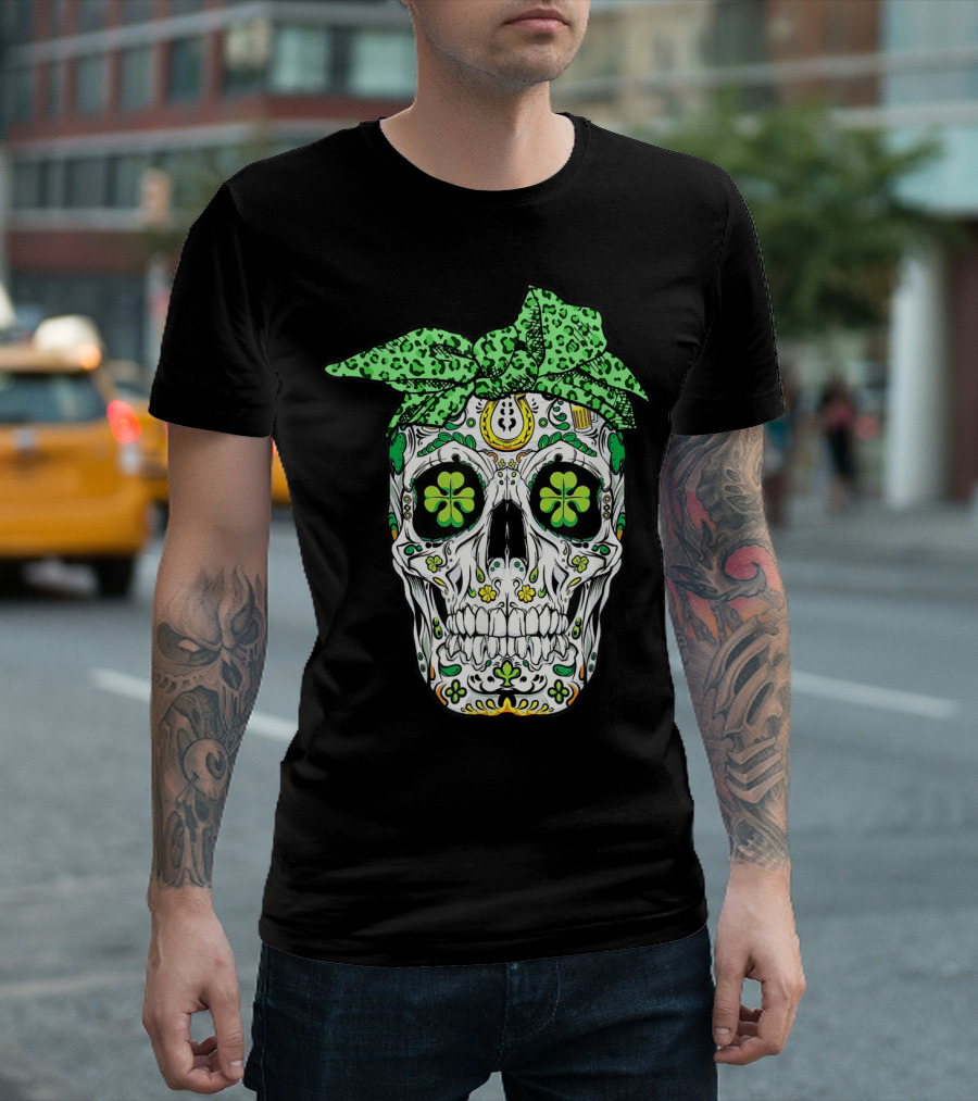 Sugar Skull Shamrock with Green Leopard Print Turban T-Shirt