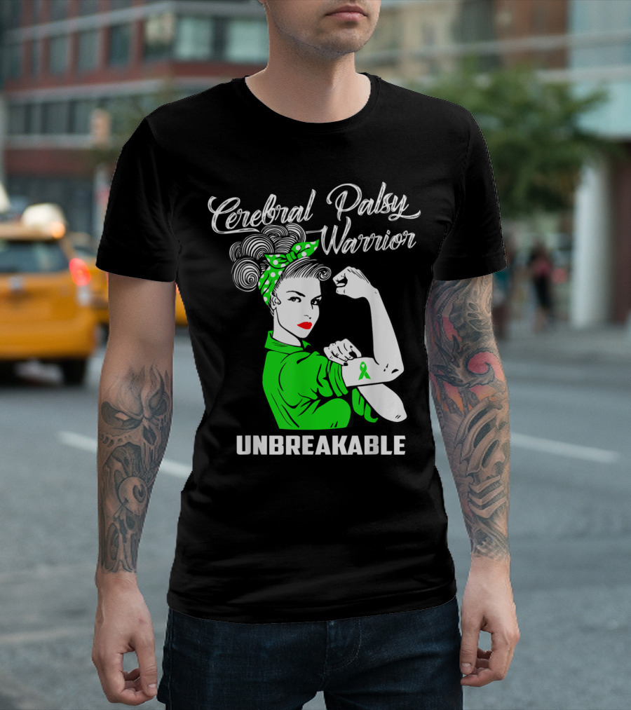 Cerebral Palsy Warrior Unbreakable Rosie The Riveter Green T-Shirt