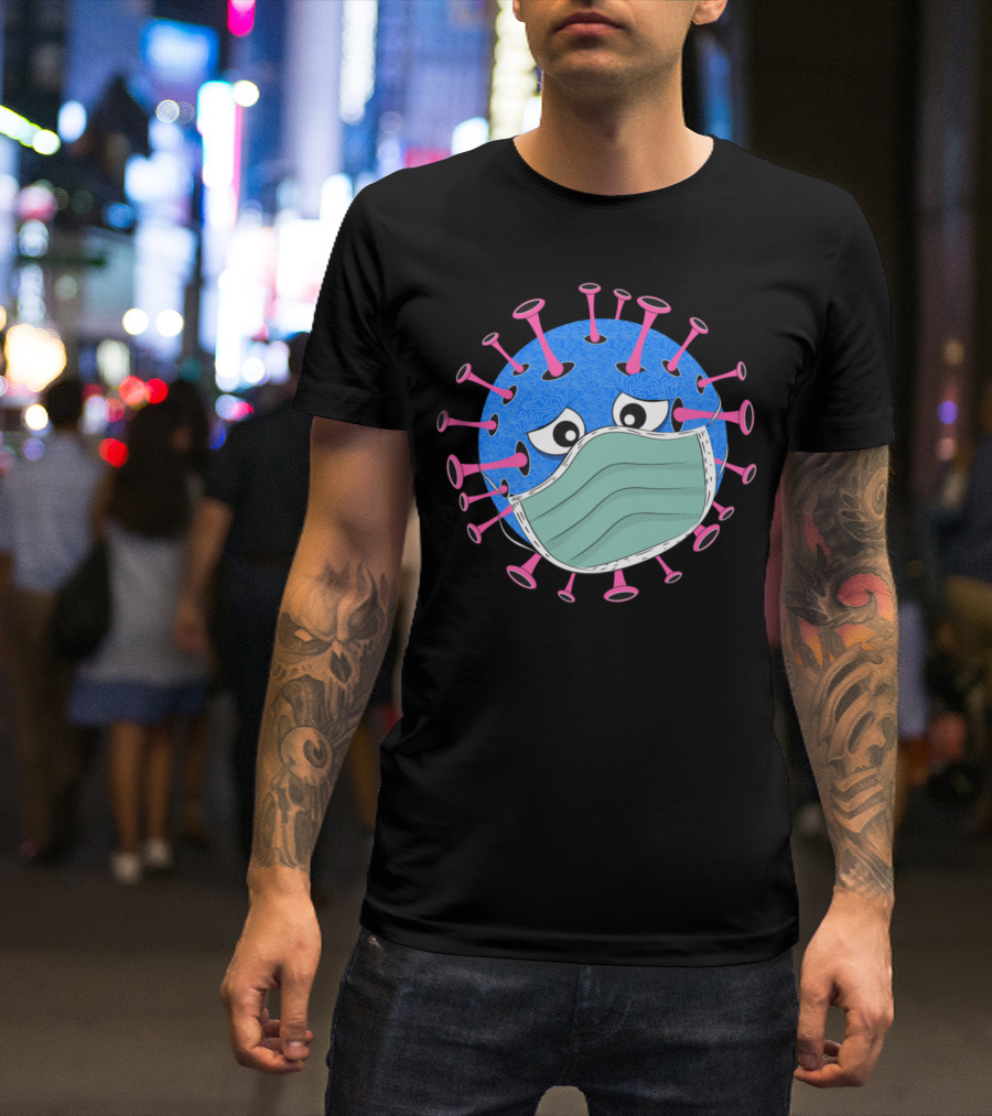 Virus With Face Mask Cartoon Character Pandemic Humor T-Shirt