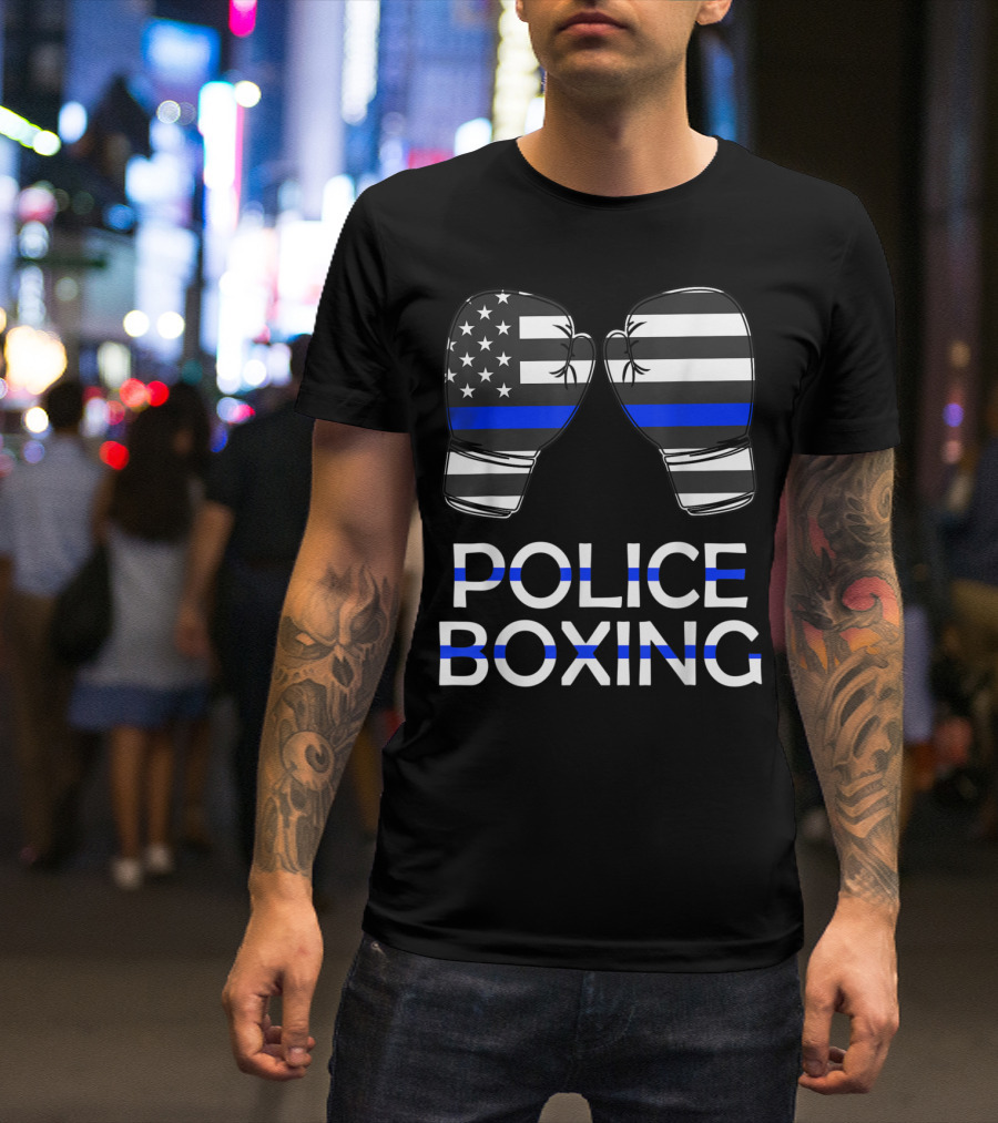 Police Boxing Blue Line American Flag Boxing Gloves T-Shirt