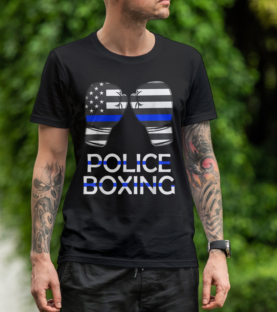 Police Boxing Blue Line American Flag Boxing Gloves T-Shirt