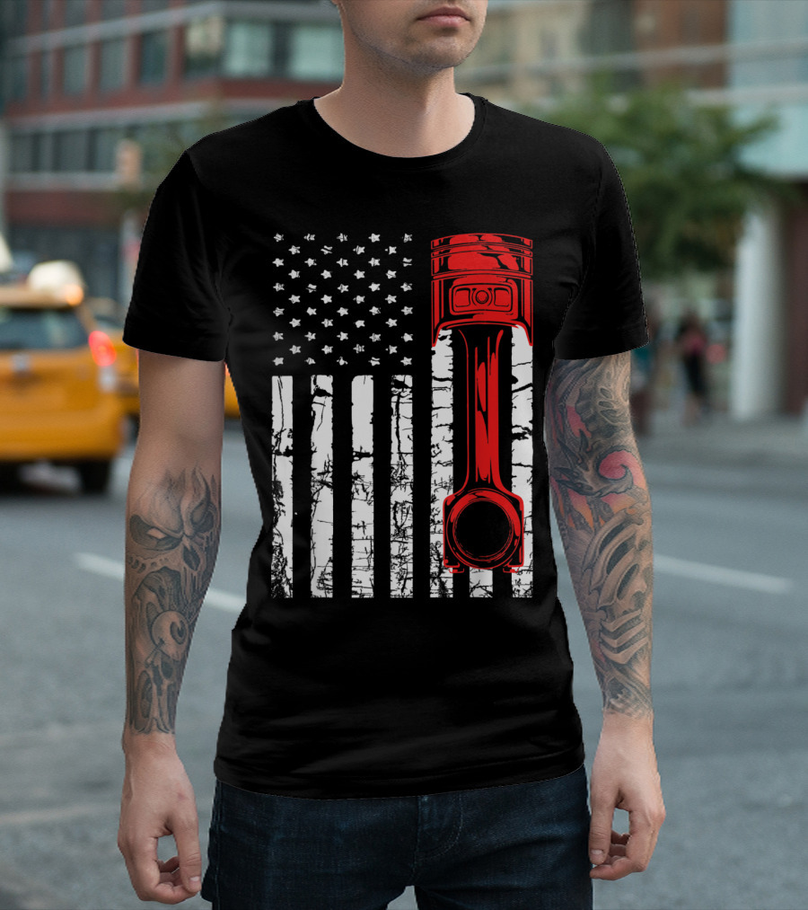American Flag Patriotic Piston Mechanic T-Shirt