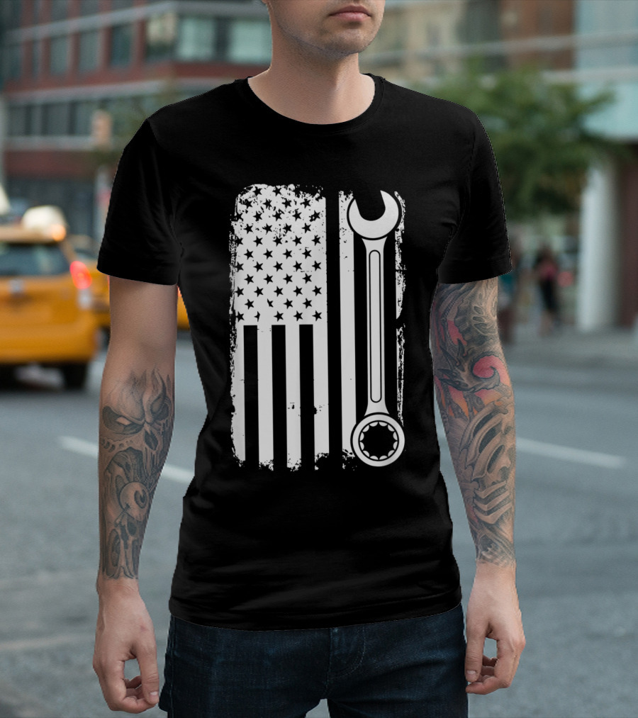 USA Red White Blue American Flag Mechanic Wrench T-Shirt