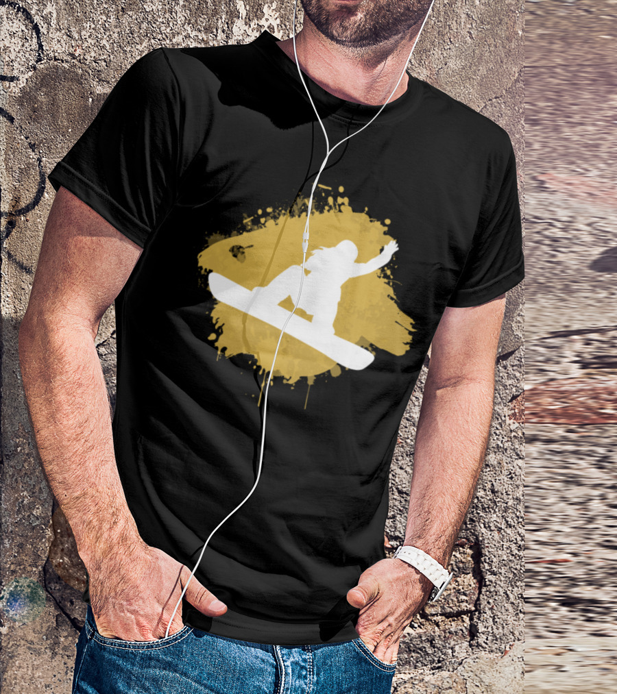 Snowboarding Girl Silhouette On Gold Splash T-Shirt