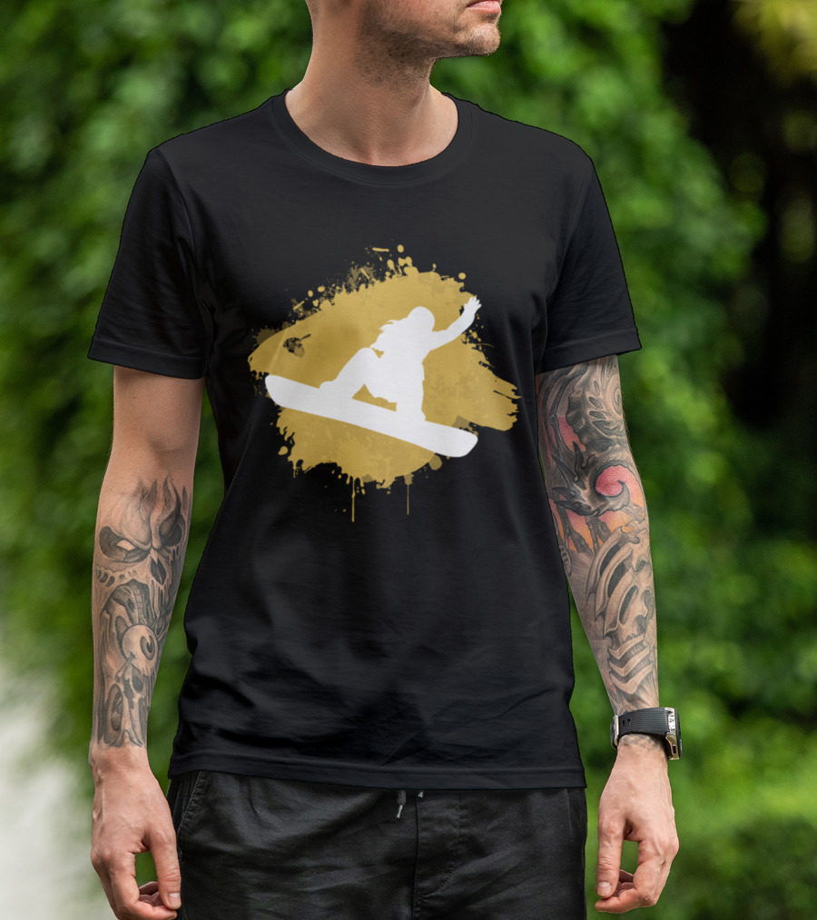 Snowboarding Girl Silhouette On Gold Splash T-Shirt
