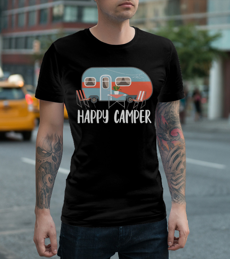 Happy Camper Trailer Outdoor Camping with Relaxing Chairs and Table T-Shirt