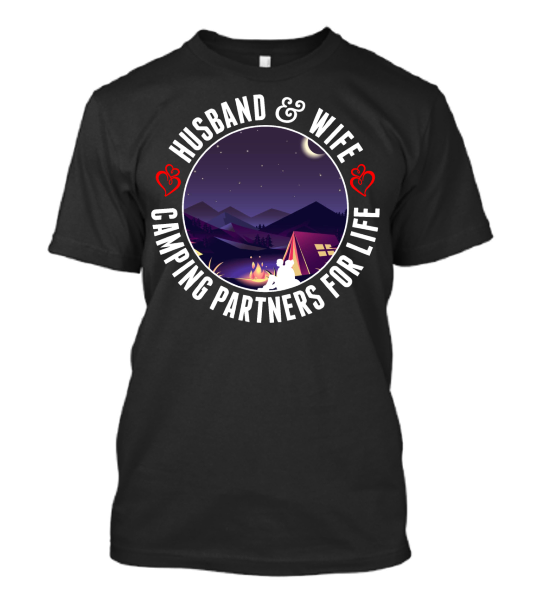Husband And Wife Camping Partners For Life Under Starry Night With Loving Hearts T-Shirt
