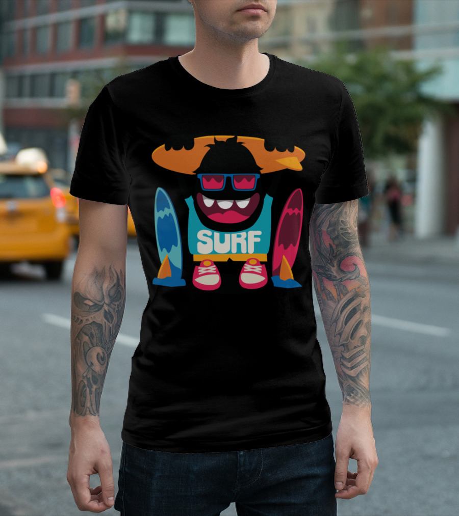 Funny Monster Surfboard Surfing with Colorful Sunglasses and Vibrant Waves T-Shirt