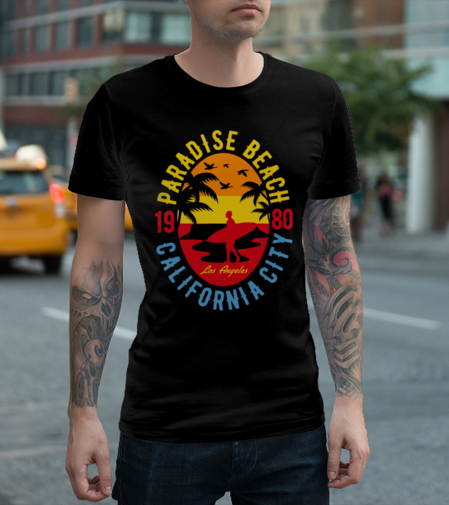 PARADISE BEACH CALIFORNIA CITY LOS ANGELES 1980 SURFING PALM TREE T-Shirt