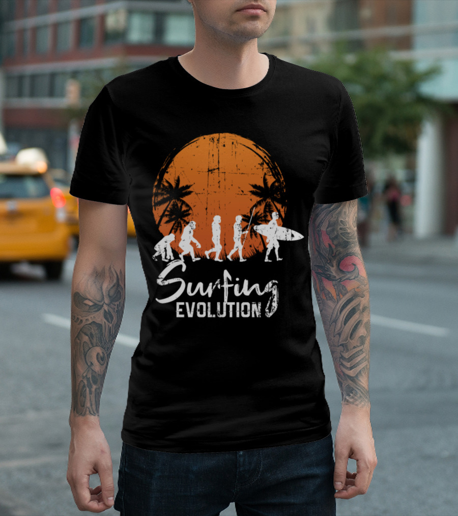 Surfing Evolution Palm Trees Sunset Surfboard Journey T-Shirt