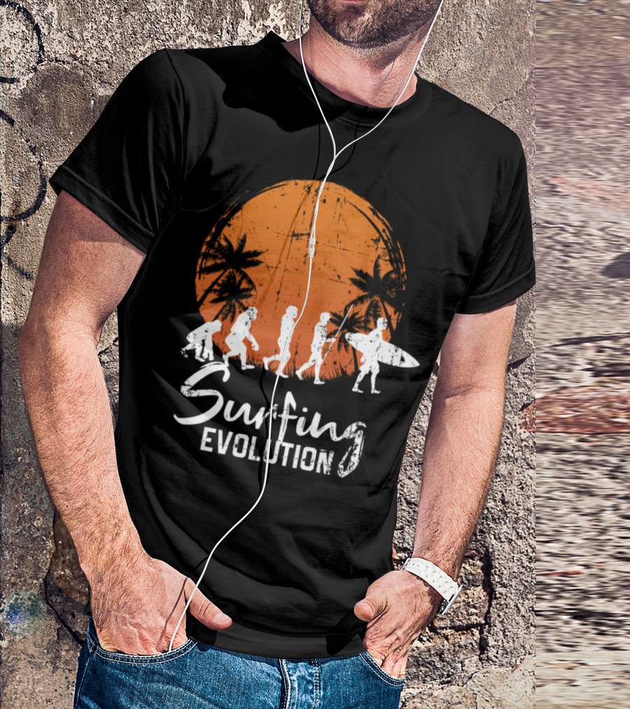 Surfing Evolution Palm Trees Sunset Surfboard Journey T-Shirt