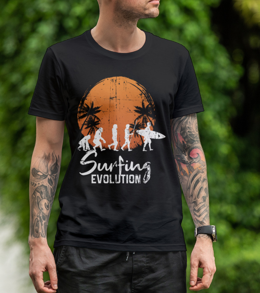 Surfing Evolution Palm Trees Sunset Surfboard Journey T-Shirt