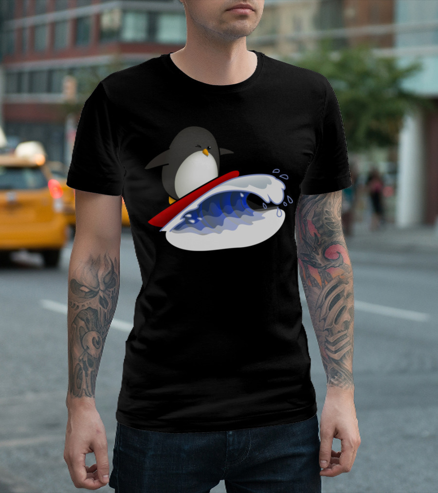 Penguin Riding a Wave on Red Surfboard T-Shirt