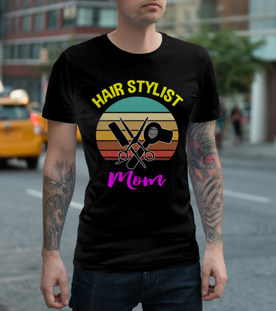 Hair Stylist Mom with Retro Tools Stripe Background T-Shirt