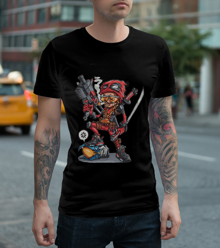 Cartoon Ninja Comic Character With Sword And Gun T-Shirt