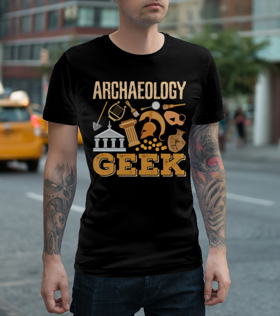 Archaeology Geek Archaeologist Temple Shovel Helmet Column Pottery Brush Icons T-Shirt