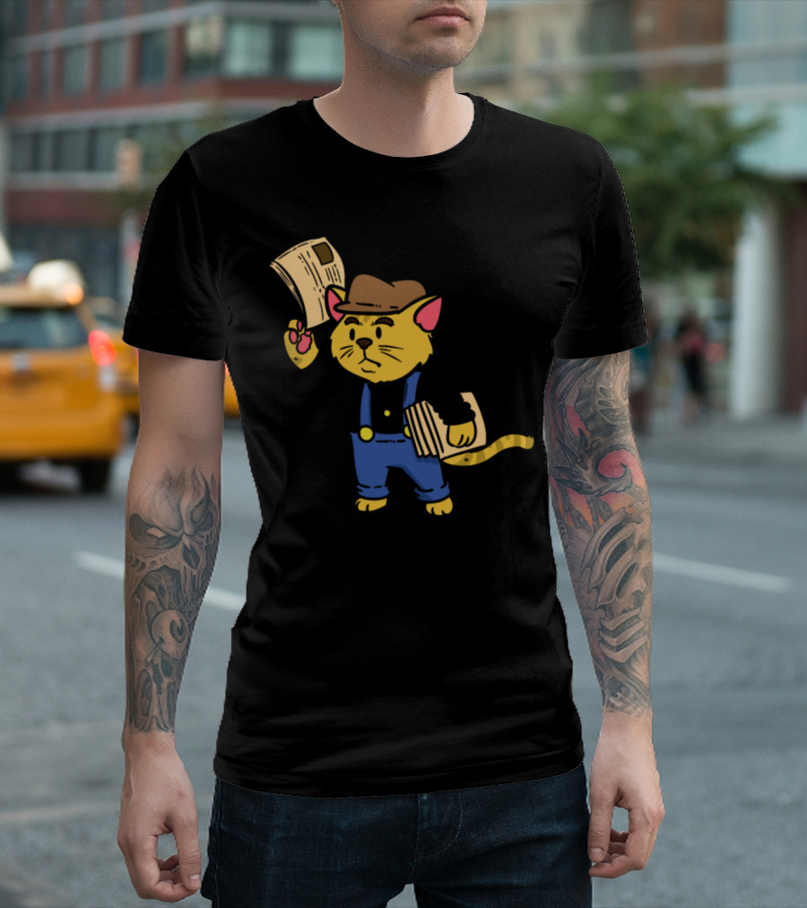 Baker Bear Vintage Newspaper Cat in Overalls and Hat T-Shirt