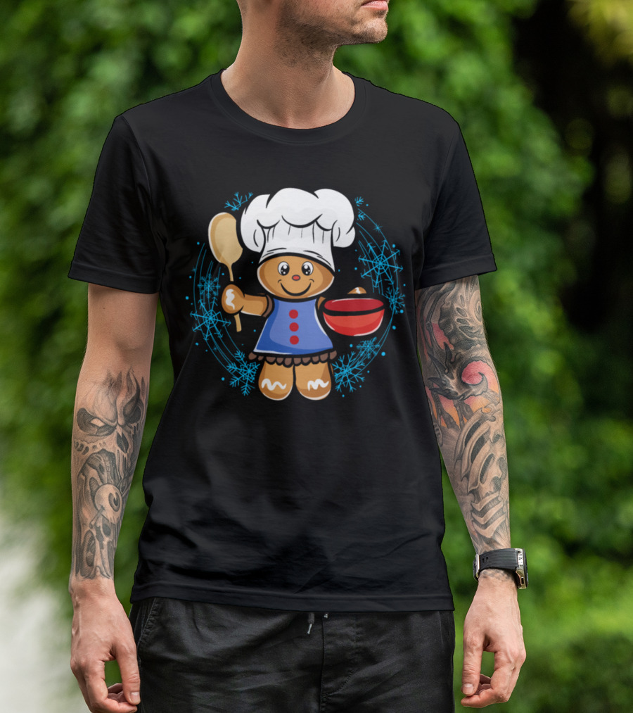 Gingerbread Man Chef With Spoon And Bowl Christmas Baking T-Shirt