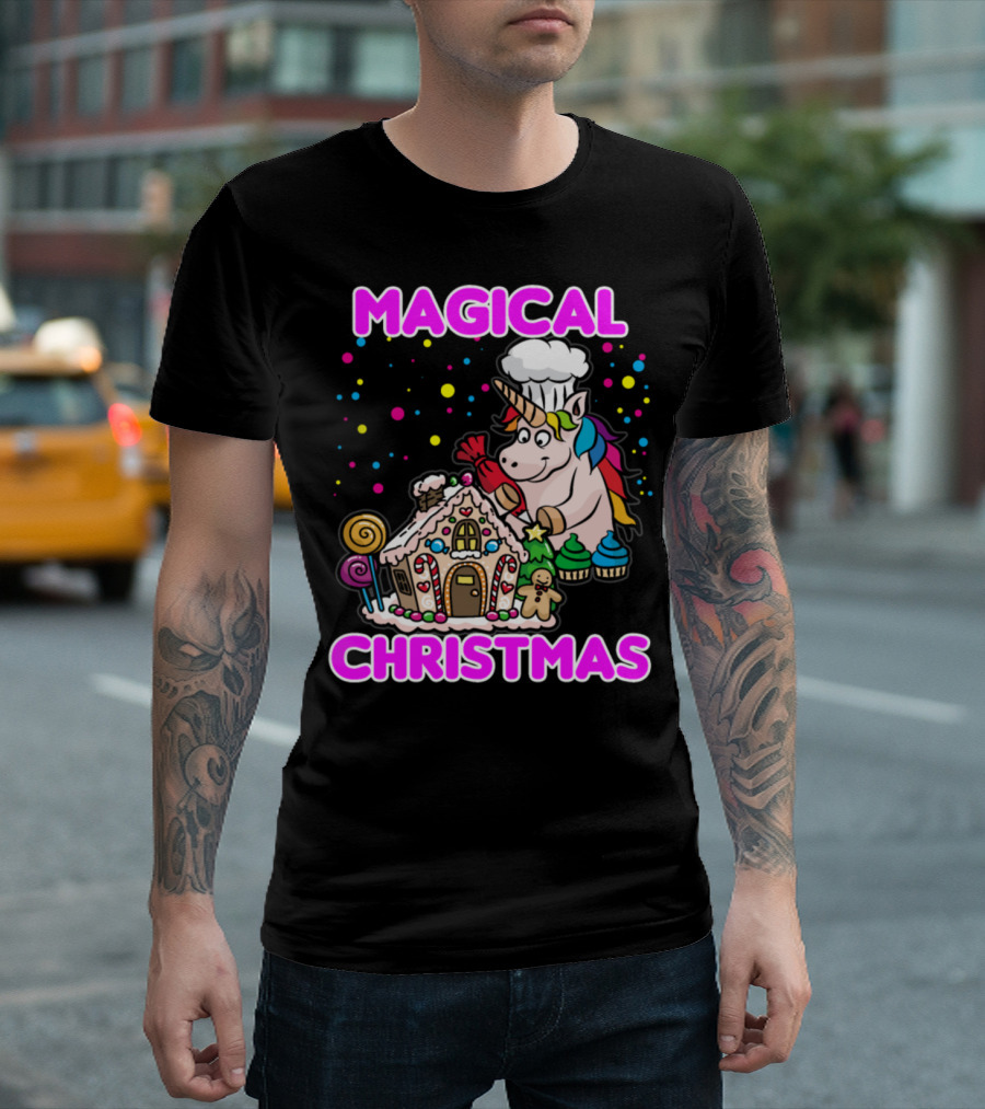 Magical Christmas Unicorn Gingerbread House Chef Fantasy T-Shirt