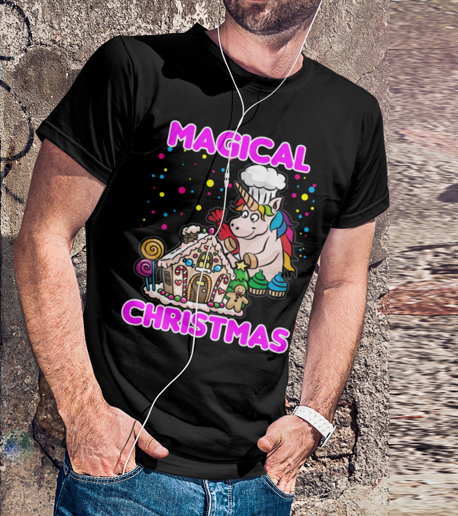 Magical Christmas Unicorn Gingerbread House Chef Fantasy T-Shirt