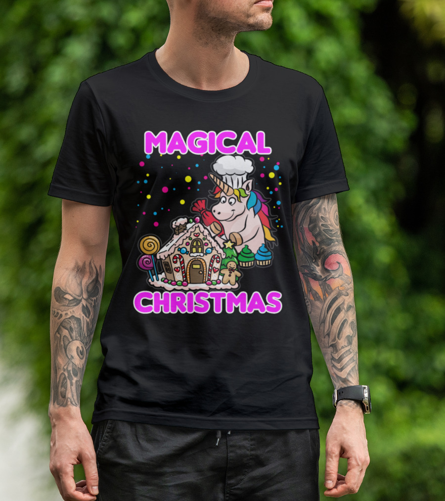 Magical Christmas Unicorn Gingerbread House Chef Fantasy T-Shirt