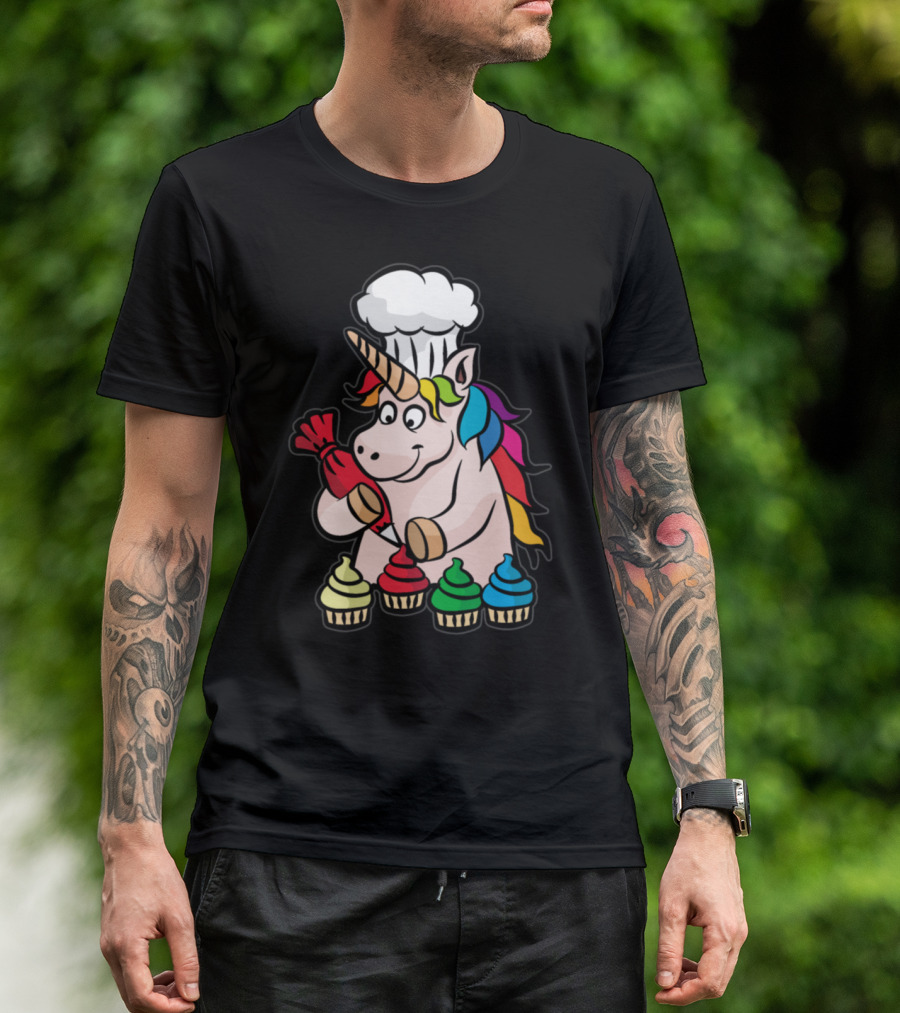 Unicorn Chef Decorating Colorful Cupcakes Baking Delight T-Shirt