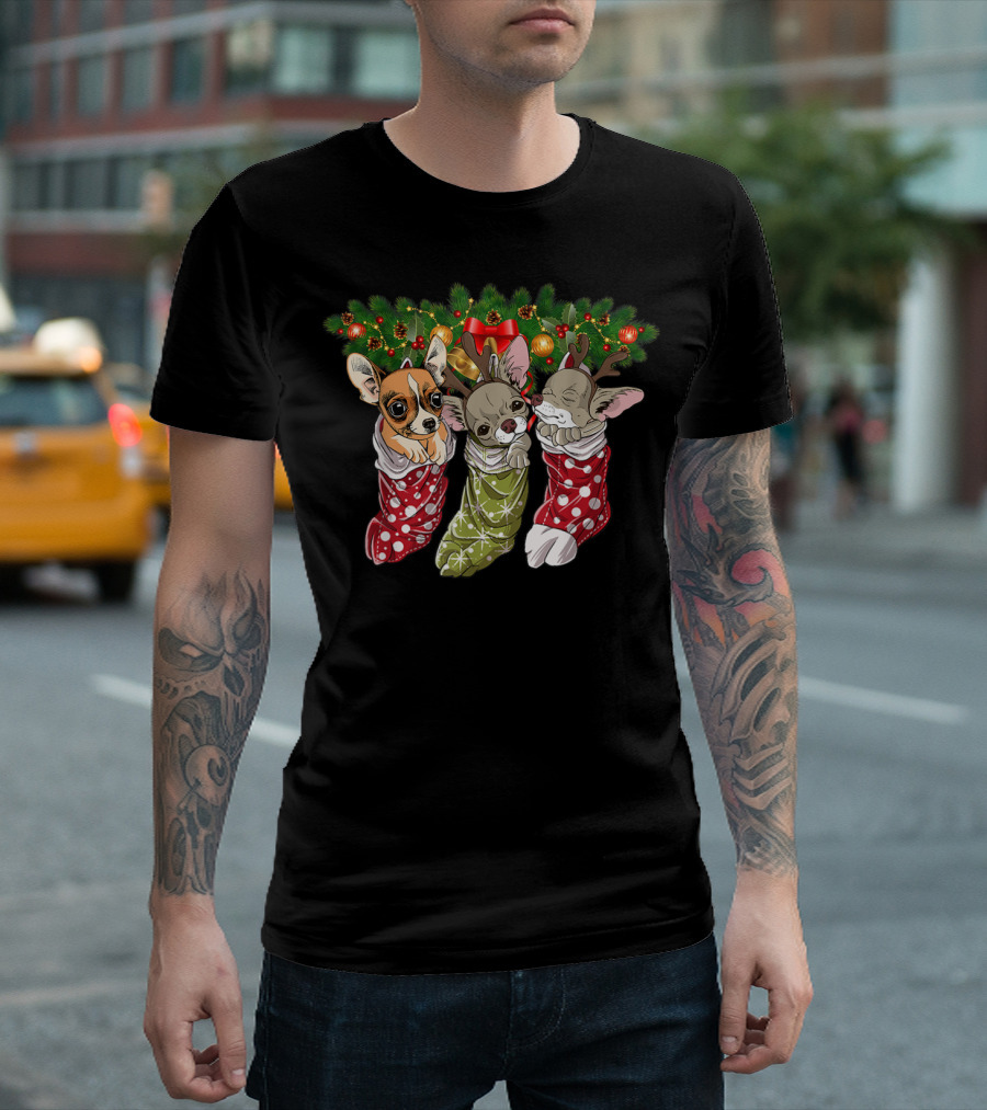 Chihuahua Christmas Socks With Red And Green Holiday Decorations T-Shirt
