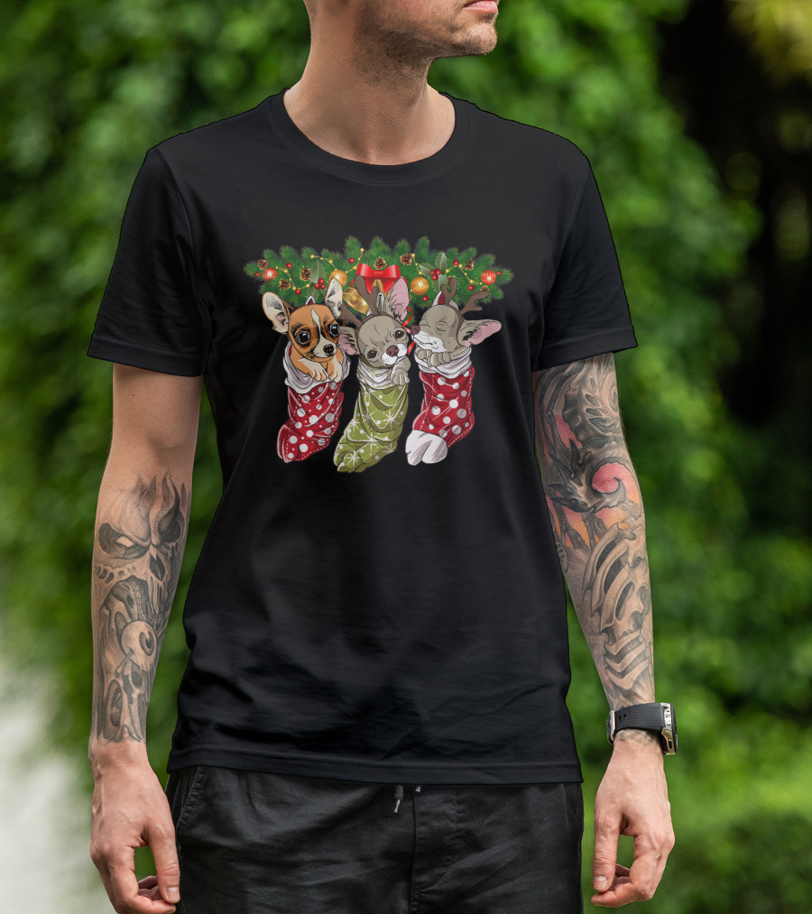 Chihuahua Christmas Socks With Red And Green Holiday Decorations T-Shirt