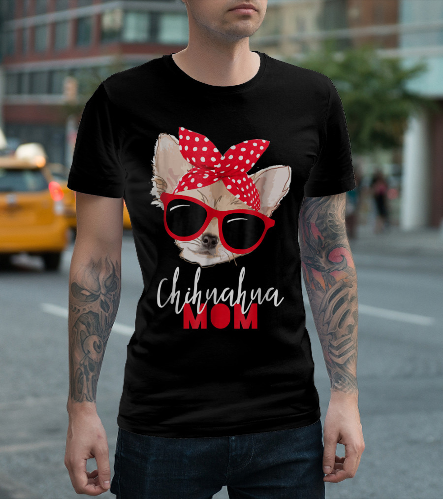 Chihuahua Mom Red Sunglasses Dog Polka Dot Headband T-Shirt