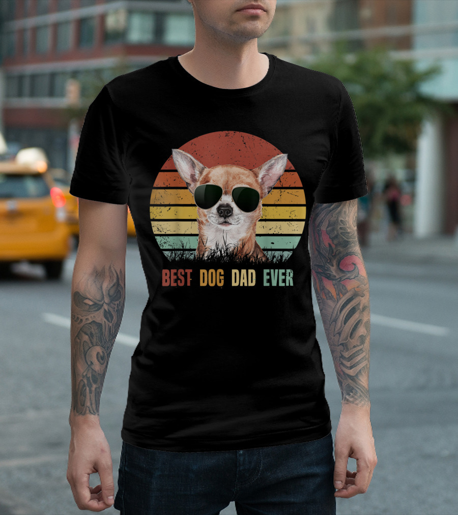 Vintage Mens Best Dog Dad Ever Chihuahua Retro Style Sunglasses T-Shirt