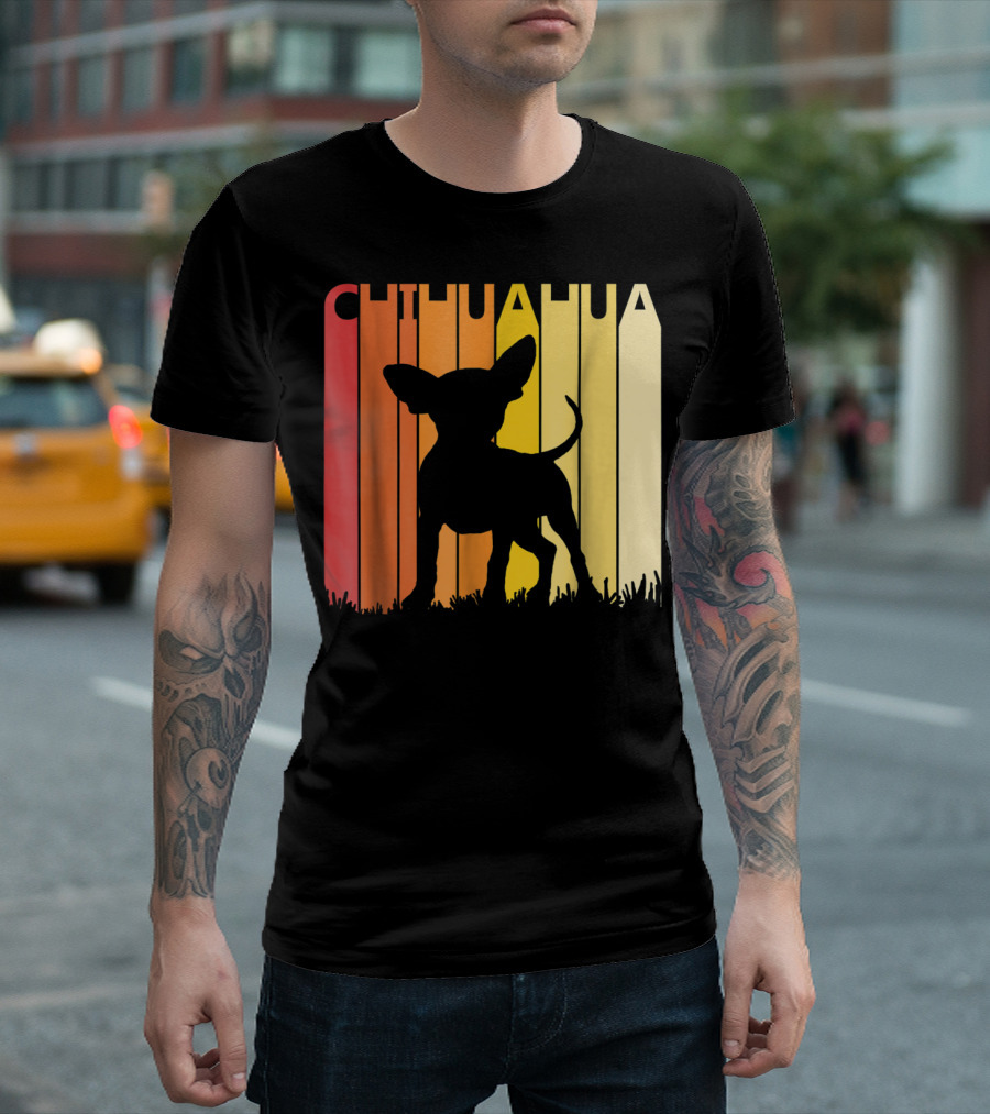 Retro Chihuahua Dog Silhouette on Colorful Stripes T-Shirt