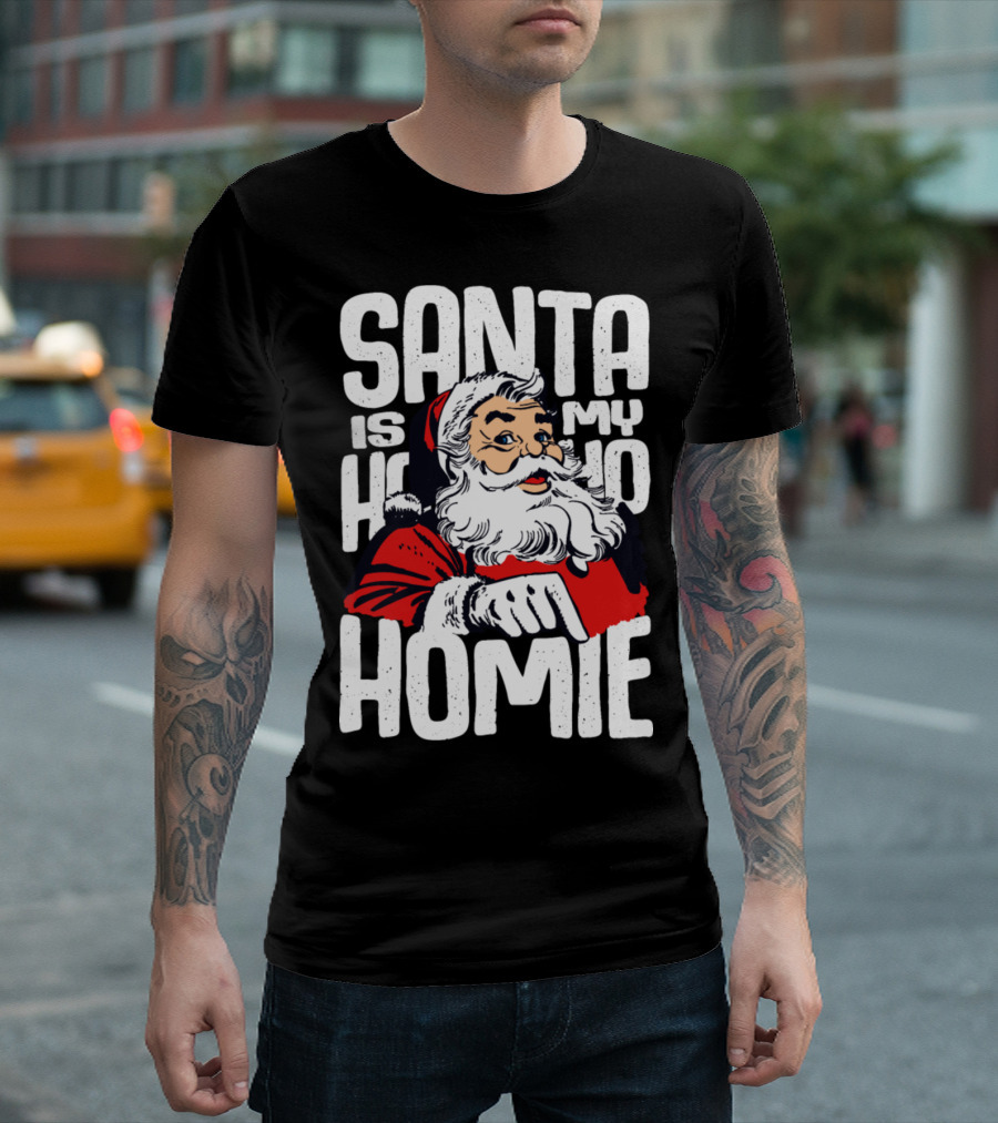 Santa Is My Homie Santa Clause Red Suit Beard Hand Gesture T-Shirt