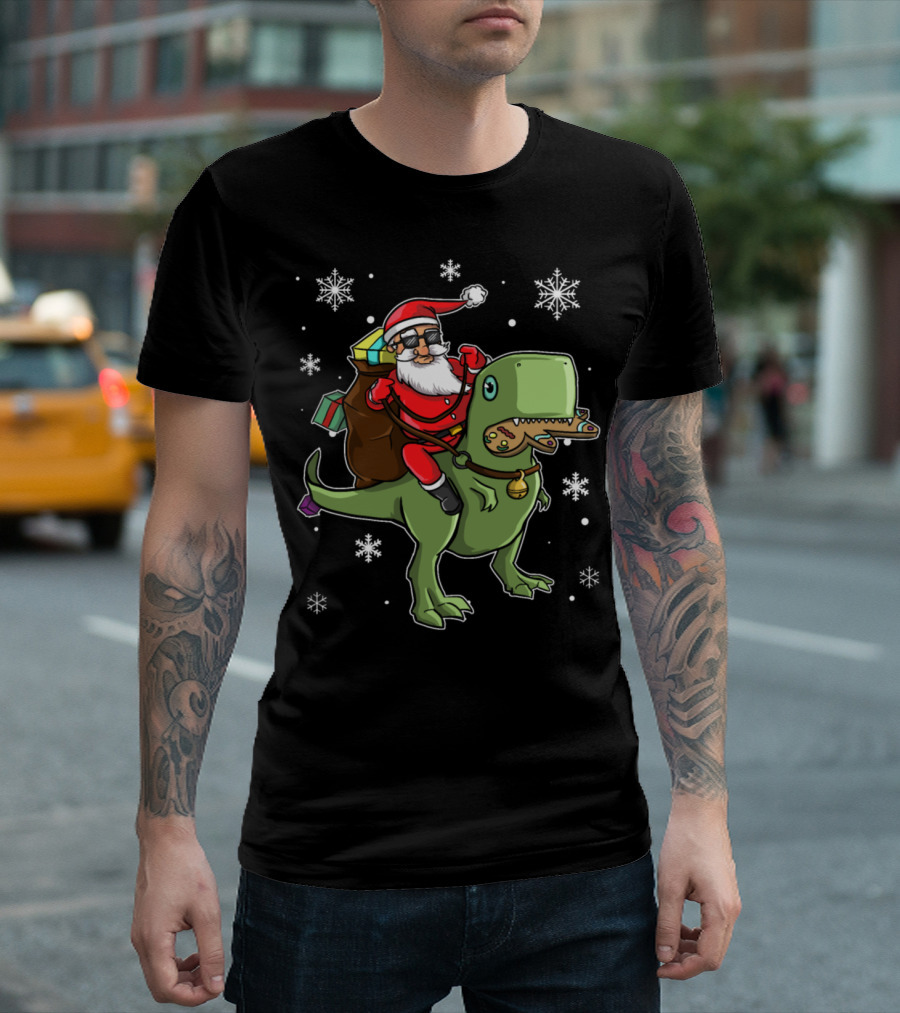 Santa Riding T-Rex with Presents and Snowflakes Toddler Christmas T-Shirt