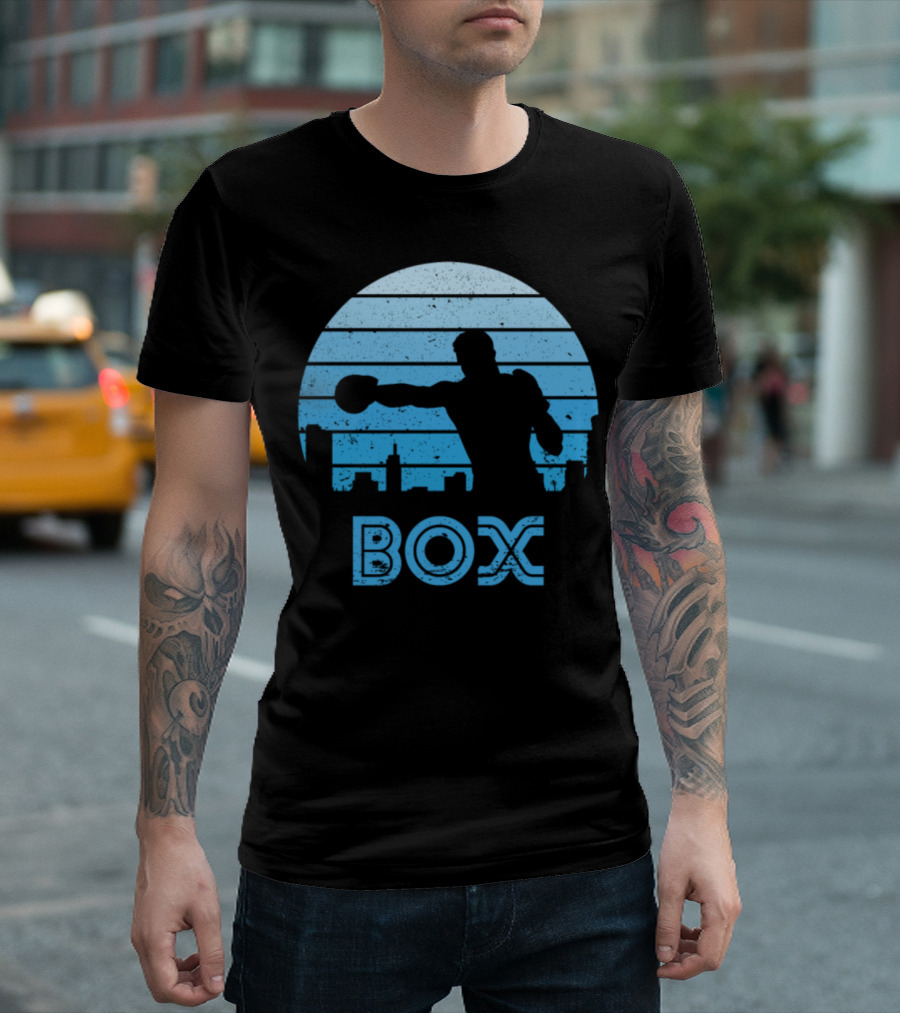 Retro Sunset Box Silhouette Against Urban Skyline T-Shirt