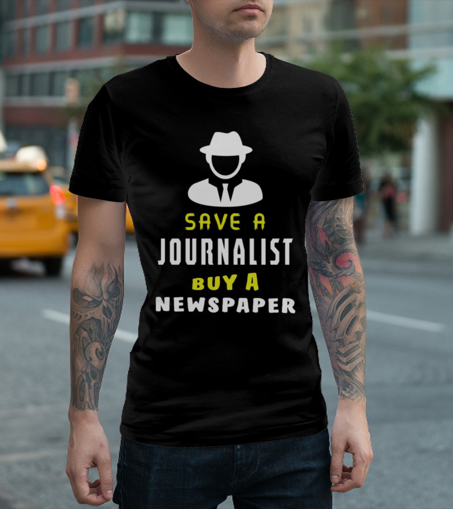 Save a Journalist Buy a Newspaper Iconic Hat and Tie Outline T-Shirt