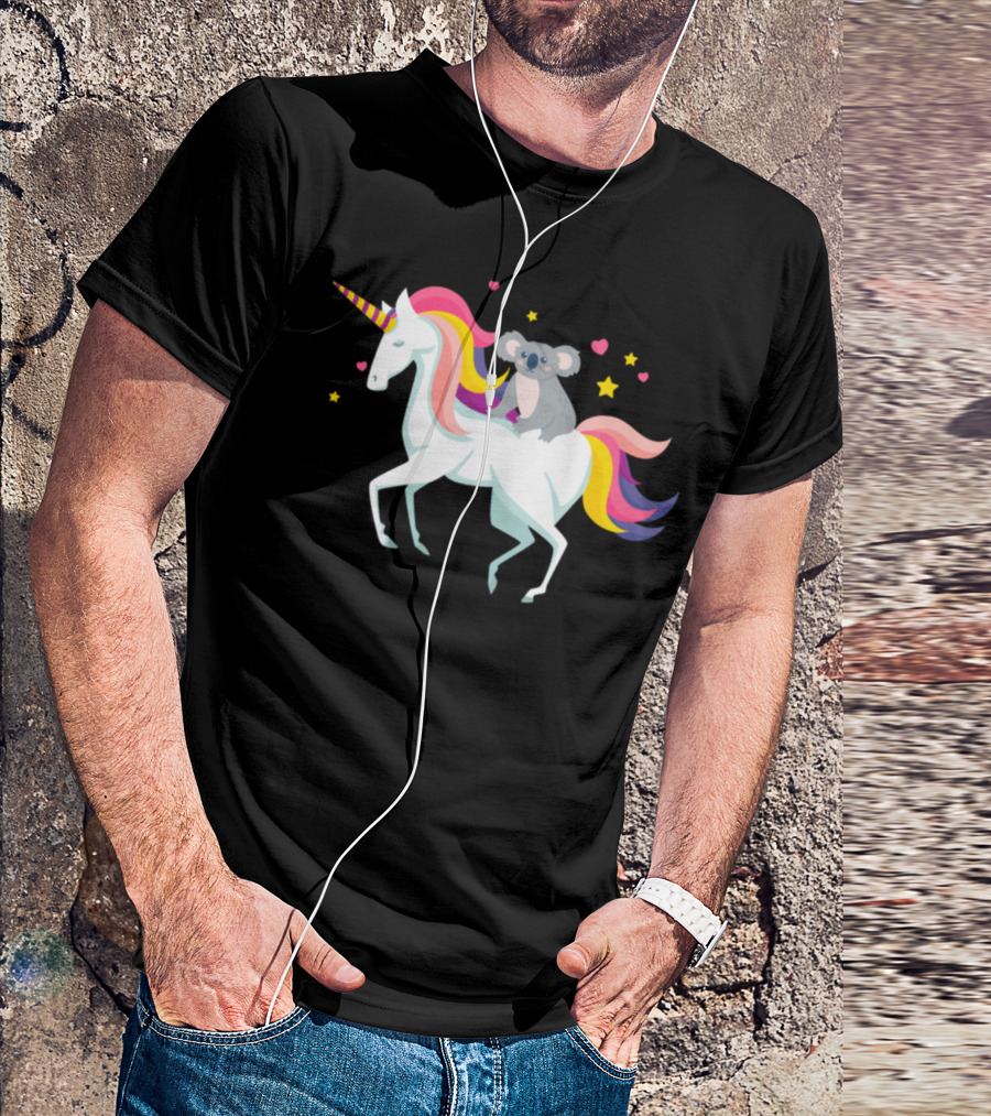 Funny Koala On Rainbow Unicorn With Stars And Hearts T-Shirt
