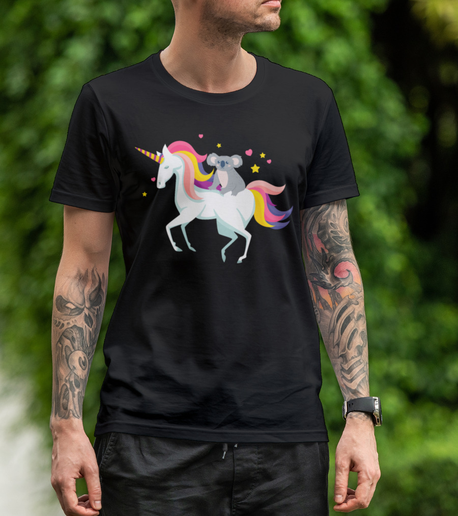 Funny Koala On Rainbow Unicorn With Stars And Hearts T-Shirt