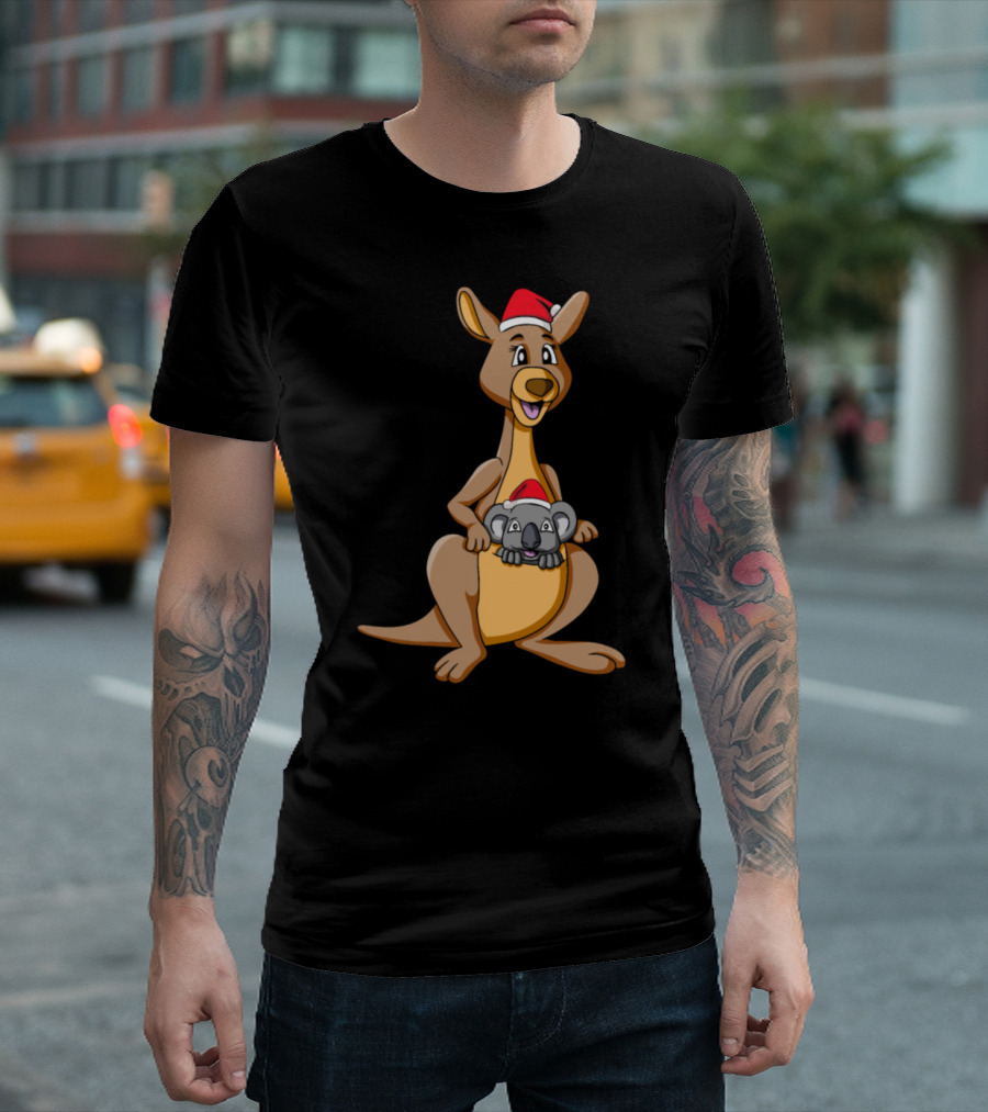Kangaroo and Koala with Christmas Hats Happy Holiday Scene T-Shirt