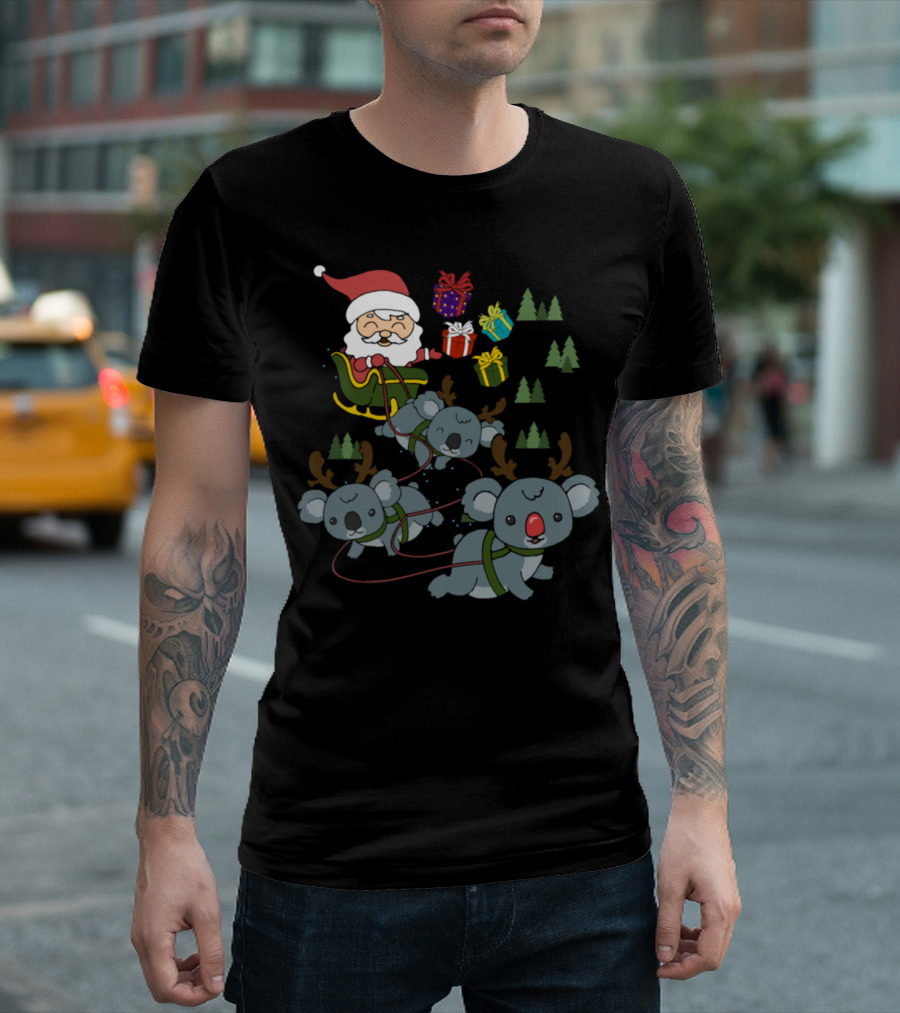 Santa Sleigh Koala Reindeer Funny Christmas Team T-Shirt
