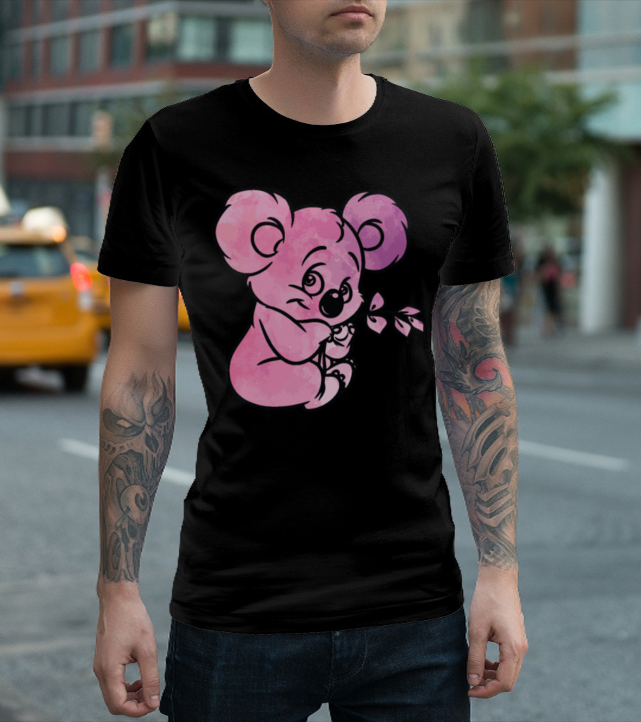 Adorable Pink Koala Holding Leaf With Watercolor Effect T-Shirt