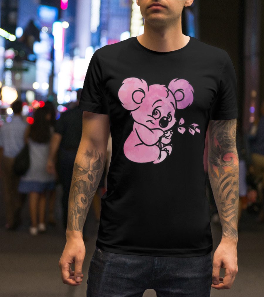 Adorable Pink Koala Holding Leaf With Watercolor Effect T-Shirt