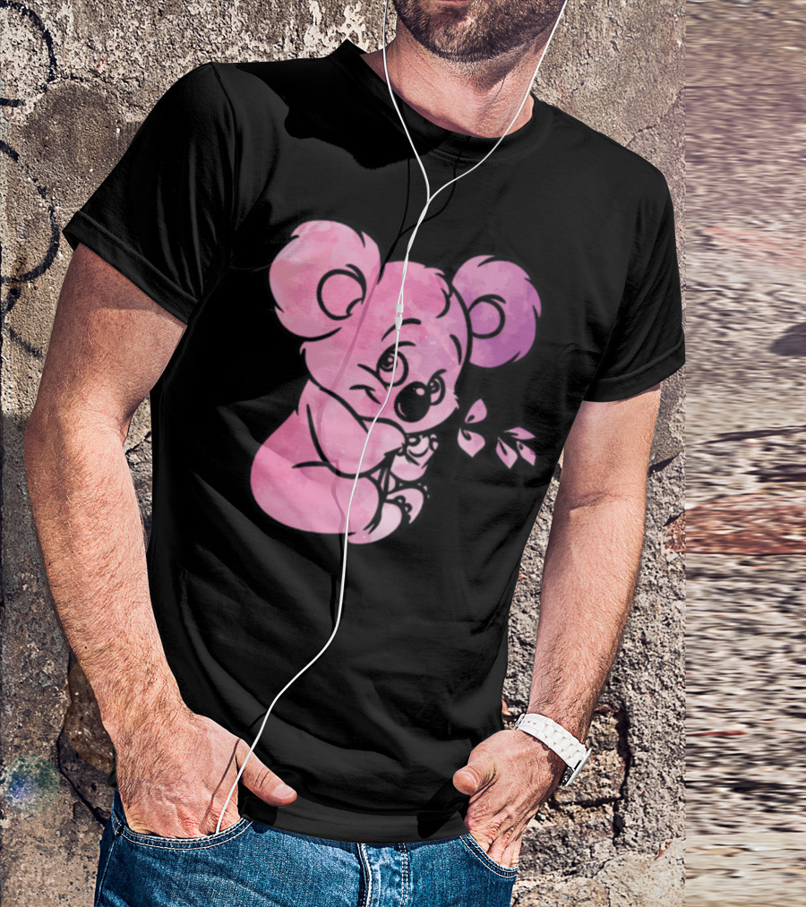 Adorable Pink Koala Holding Leaf With Watercolor Effect T-Shirt