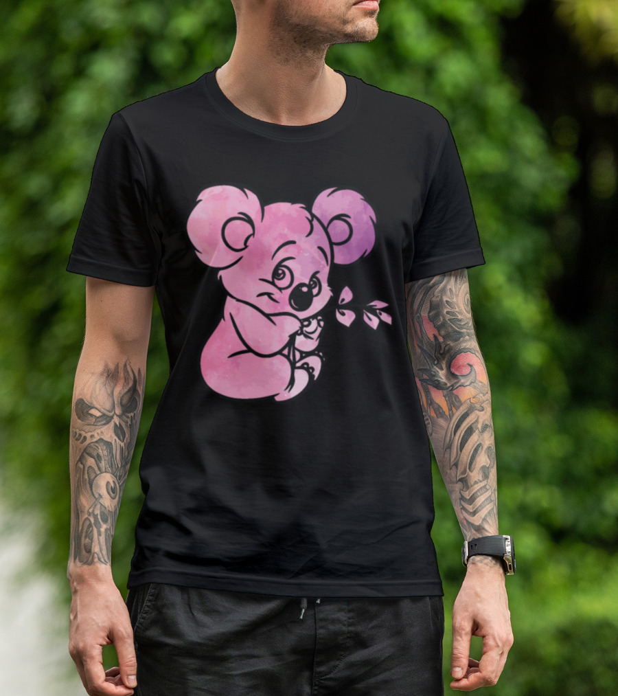 Adorable Pink Koala Holding Leaf With Watercolor Effect T-Shirt