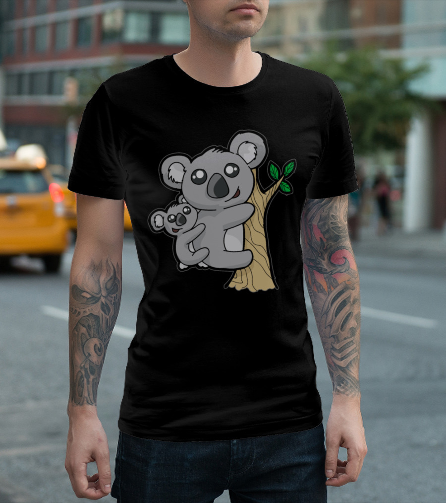 Koala Mama and Baby Hugging Eucalyptus Tree with Leaves T-Shirt