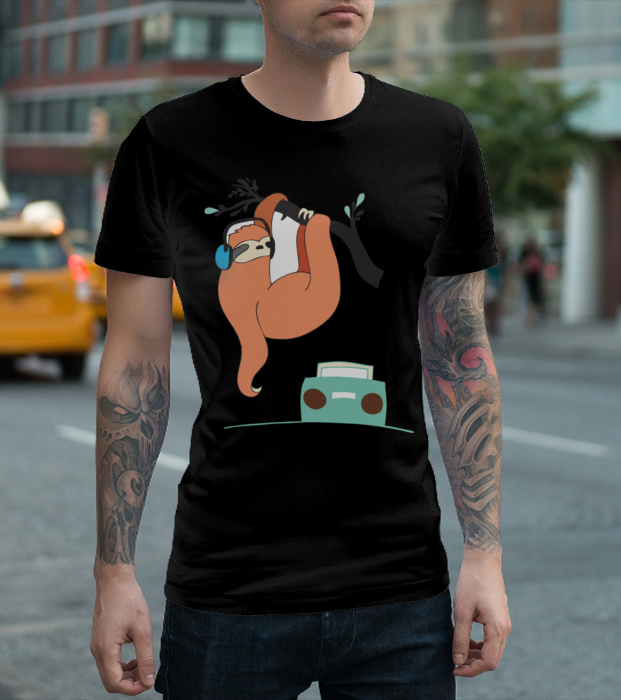 Sloth with Headphones Listening to Music by Cassette Player T-Shirt