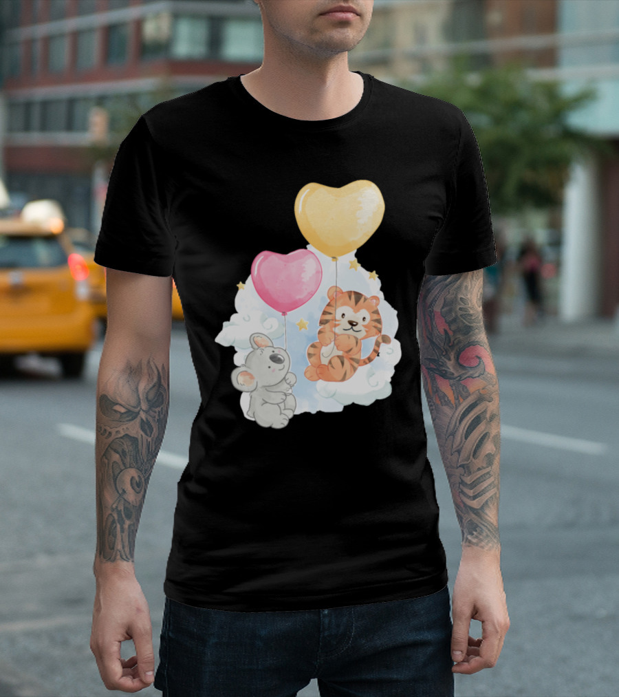 Tiger and Koala Floating with Heart Balloons in the Clouds T-Shirt